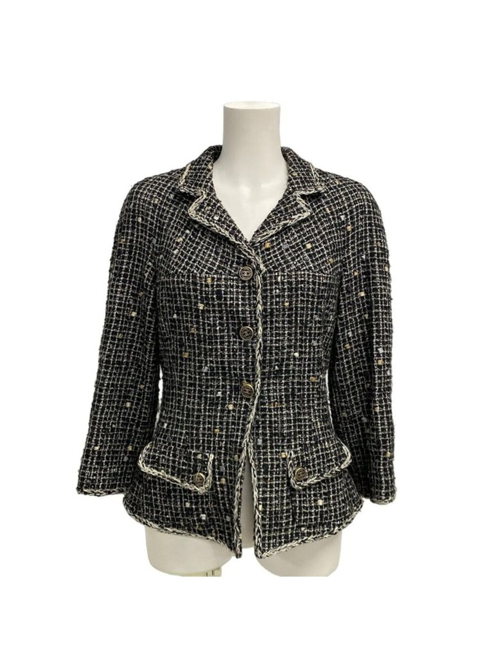 Chanel Jacket 36 S Black Ivory Tweed Cotton